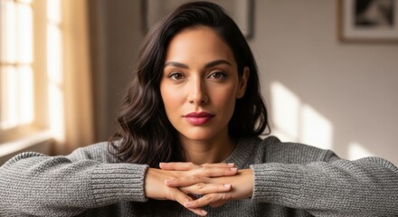 Confident woman with poised expression and relaxed pose in cozy