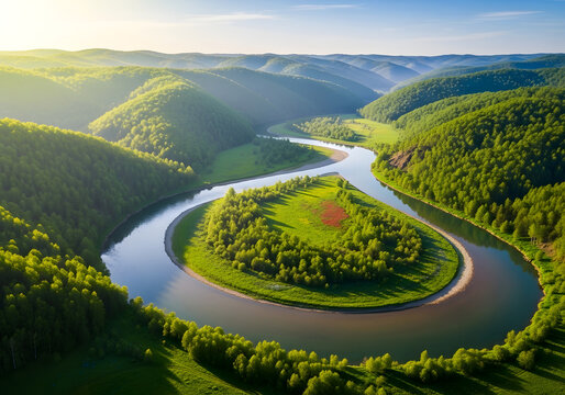 Aerial view of river bend surrounded by lush green hills and forest landscape beauty