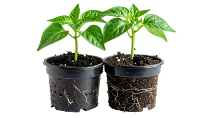 Two small potted plants, one exposing root system