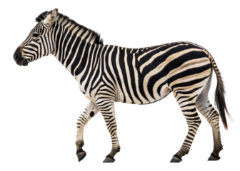 Majestic zebra captured in motion walking against a plain background suitable for diverse wildlifethemed projects and educational materials