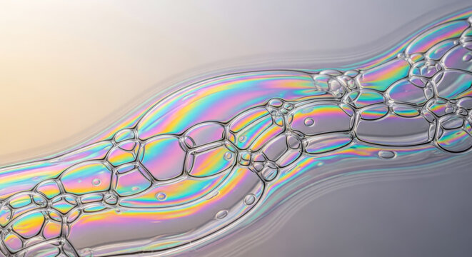 Iridescent soap bubbles forming a colorful chain abstract background