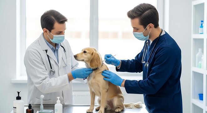 Two caring male veterinarians in face masks and gloves are gently administering a vaccination/injection to a calm, light brown golden retriever puppy sitting on an examination table in a modern clinic