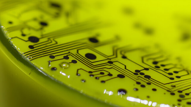 A close view of circuit like lines embedded in a translucent surface representing technological integration and digital signal pathways.