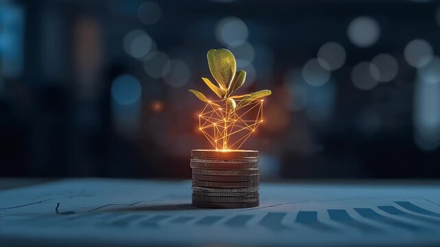 Conceptual image of growth finances and technology with stack of coins and a plant