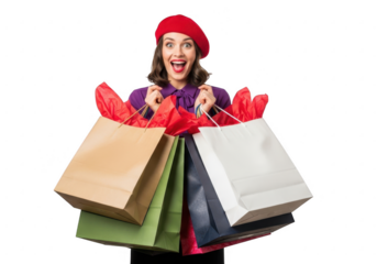 Excited woman with shopping bags isolated on transparent background