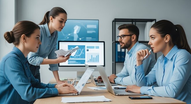 A focused team of three women and one man, dressed in blue shirts, collaborates in a modern office, analyzing data and discussing reports displayed on monitors and laptops during a business meeting.