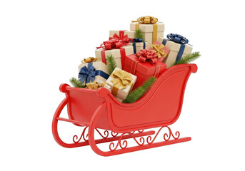 Red sleigh filled with christmas presents isolated on transparent background