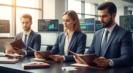 Three focused financial professionals, two men and one woman in dark suits, review notebooks and documents at a table in a modern office, surrounded by screens displaying stock market data and charts.