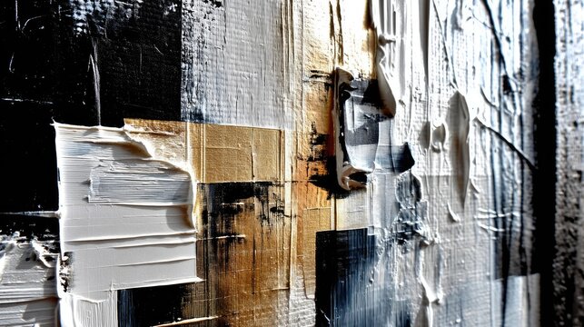 Close-up of an abstract painting with thick, textured impasto strokes in black, white, and gold. Geometric shapes are visible, with dramatic lighting creating s