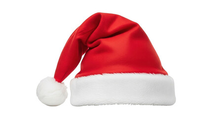 Red santa hat with white fur trim, isolated on transparent background