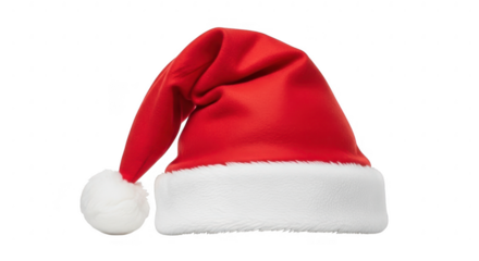 Red santa hat with white fur trim, isolated on transparent background