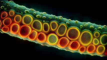 A tubular cellular composition revealing segmented chambers that represent micro level structure, biological organization and the layered design of living matter.
