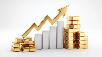 A financial growth chart composed of gold bars and rising columns illustrating wealth accumulation and strategic success in economic performance.

