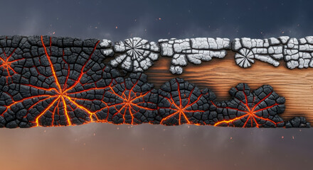 Close up of charred wood with glowing embers and cracked texture
