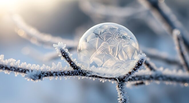 Delicate frozen bubble on a frost covered branch illuminated by soft morning sunlight