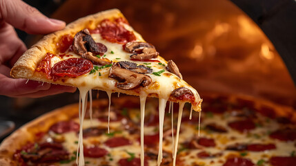 Melted pepperoni mushroom cheese pizza fresh from the oven