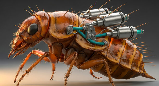 Close up of a cyborg insect with metallic implants and wires