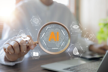Doctor holding magnifying glass focused on AI brain icon with medical symbols. Concept of smart healthcare technology, digital hospital analysis, and future medical research innovation.