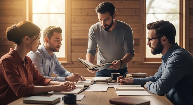 A focused group of four individuals is engaged in an intense study or work session, reviewing books and taking notes around a table in a warm, wood-paneled room.