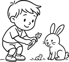 Fototapeta premium Boy offering a carrot to a friendly rabbit outdoors