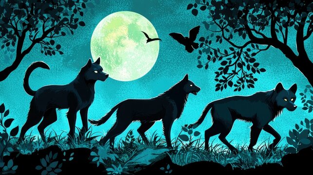 Three black wolves with glowing eyes walk through a dark forest at night under a large full moon. A bird flies in the sky above the trees.
