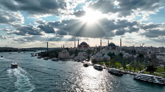Panoramic Aerial View of Istanbul City Skyline, Turkey, Bosphorus River