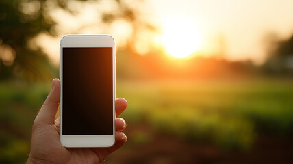 Hand holding a smartphone outdoors with sunset in background, highlighting digital connection, lifestyle, and technology mobility.

