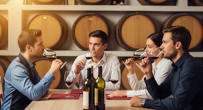 Four wine connoisseurs—two men and two women—are concentrated on tasting and evaluating red wine during a sophisticated, professional session in a sunlit cellar with oak barrels.