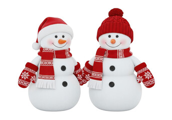 Two cheerful snowmen in winter attire, isolated on transparent background