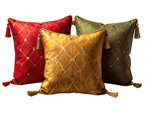 Three luxe pillows, ruby, gold, and olive, tassels and stitching