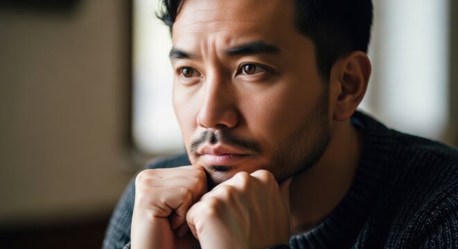 Contemplative young man with thoughtful expression deep in reflection indoors