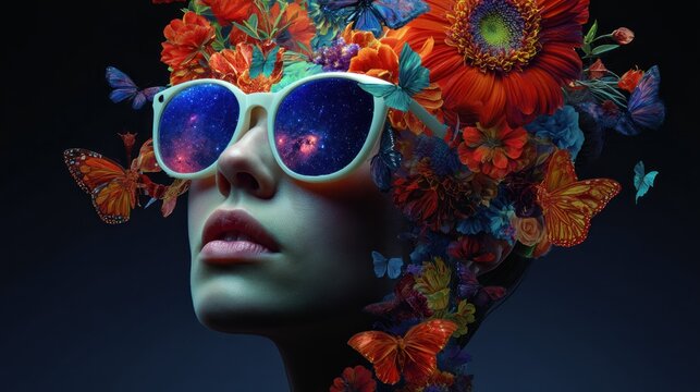 A surreal, colorful portrait of a woman with butterfly wings and flowers in her hair, wearing sunglasses with a galaxy reflection, set against a dark background with a few butterflies and flowers.