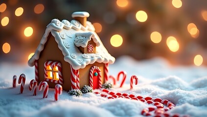 A tiny gingerbread house with frosting roof, candy windows, and peppermint path sitting in soft snow, warm bokeh Christmas lights in the background, cozy festive atmosphere.