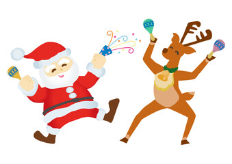 サンタクロースとトナカイがはしゃいでるイラスト素材