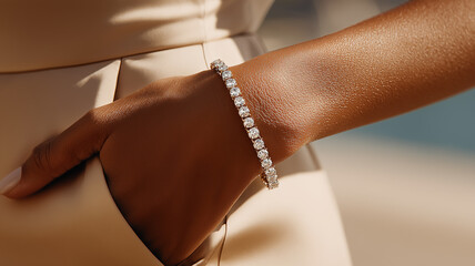 Elegant diamond bracelet worn on wrist in natural light representing luxury, femininity and high fashion accessories.
