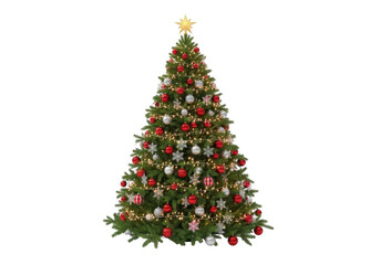 Decorated christmas tree with red and silver ornaments isolated on transparent background