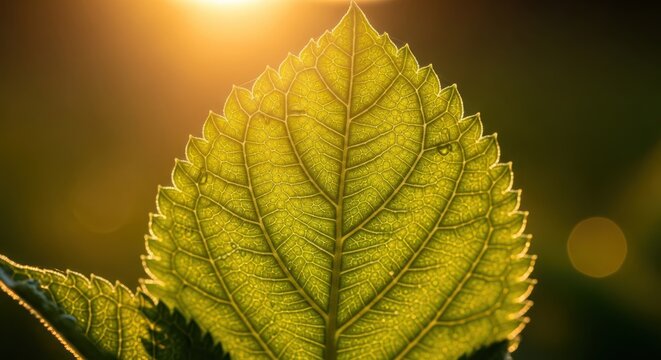 Vibrant green leaf with intricate veins, backlit by the warm golden glow of the sun.