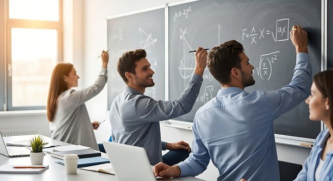 A dynamic group of four young students or colleagues actively writes and solves complex mathematical equations on a large chalkboard in a bright classroom or workshop setting.