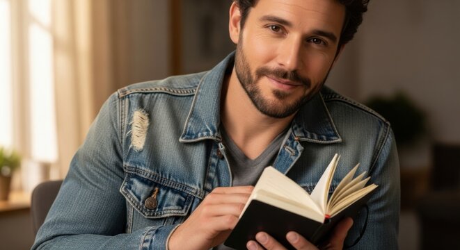 portrait of a smiling young man reading a book in cozy indoor setting