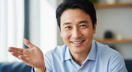 Confident professional man gesturing with his hand in a modern office setting