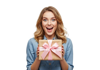 Excited woman holding a gift box with pink bow, isolated on transparent background