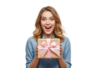 Excited woman holding a gift box with pink bow, isolated on transparent background