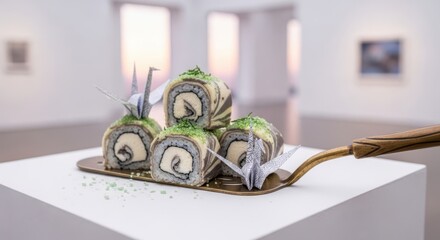 Japaneese cheesecake Artistic presentation of four decorative sushi rolls, possibly dessert or conceptual food art, served on a golden spatula in a bright, minimalist art gallery setting.