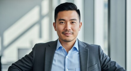Professional Asian businessman in formal suit confidently posing in modern office environment with