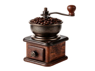 Antique coffee grinder filled with roasted coffee beans isolated 