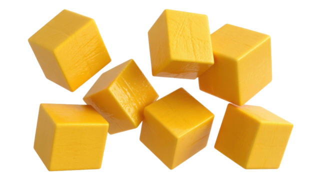 Several bright yellow food cubes floating against an isolated transparent background