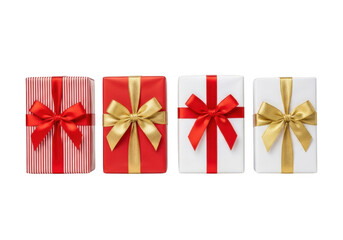 Four assorted gift boxes with ribbons isolated on transparent background