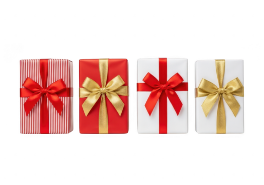 Four assorted gift boxes with ribbons isolated on transparent background