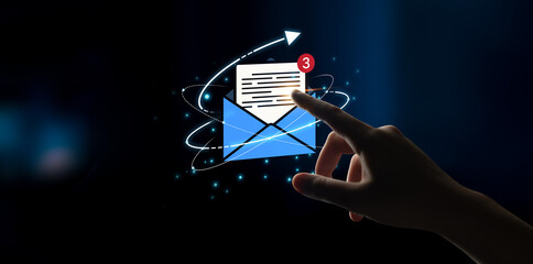 Concept of digital communication and correspondence. Receiving a new message or notification in an email inbox, representing online information exchange and alerts. Fermion