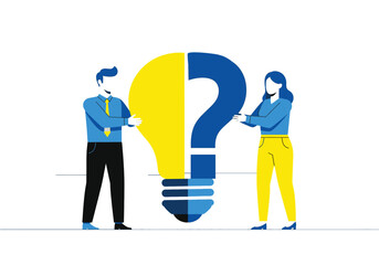 Two business people collaborate, holding a split symbol of a yellow lightbulb and a blue question mark, representing problem-solving and idea generation.